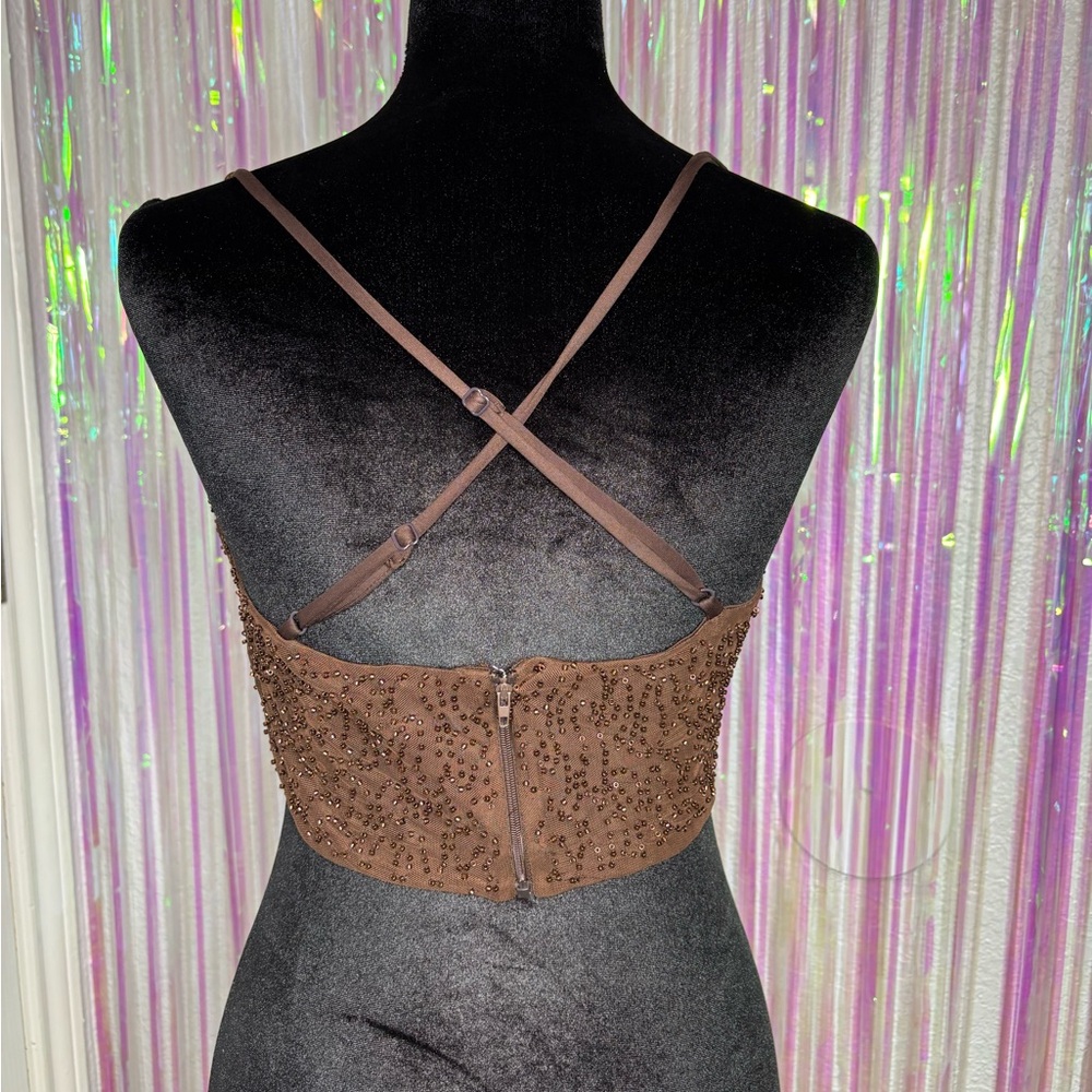 Brown Beaded Cowl Halter Crop Top, Adjustable Straps, Sz M Windsor NWT Y2K Bratz - Picture 3 of 12